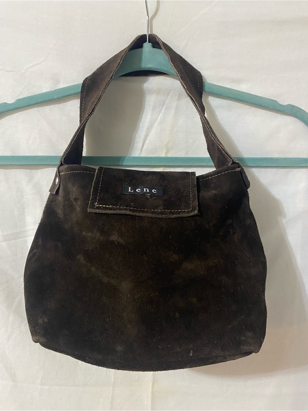 LENE Brown Suede Hand Bag w/ Blue & White Gingham Lining